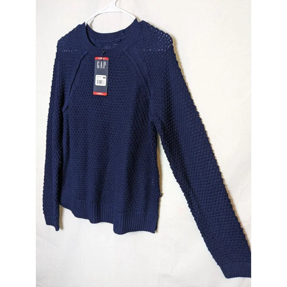 NWT Gap Textured Knit Preppy Cottage Crew Neck Navy Blue‎ Sweater Women's XS